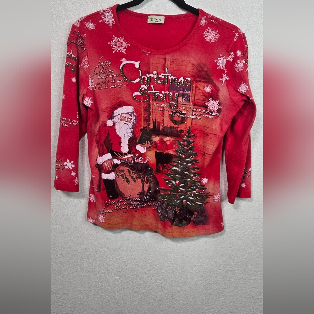 Y2k Christmas Story Shirt small 3/4 Sleeve Santa Gifts Tree BLING Made in US